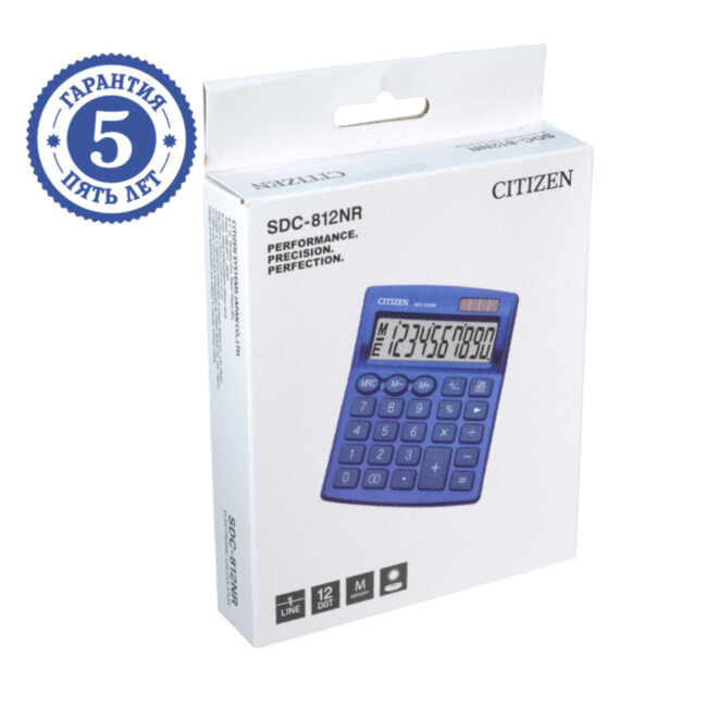 Калькулятор настольный Citizen SDC-812NR-NV, 12 разрядов, двойное питание, 102*124*25мм, темно-синий