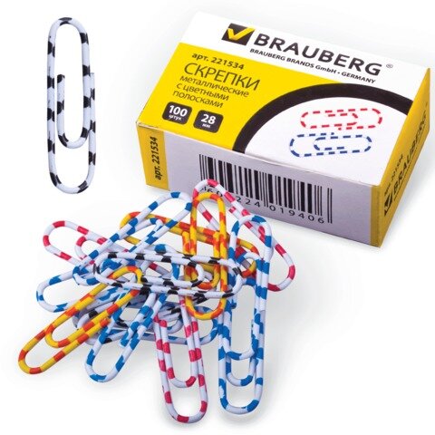 Скрепки BRAUBERG, 28 мм с цветными полосками, 100 шт., в картонной коробке, 221534
