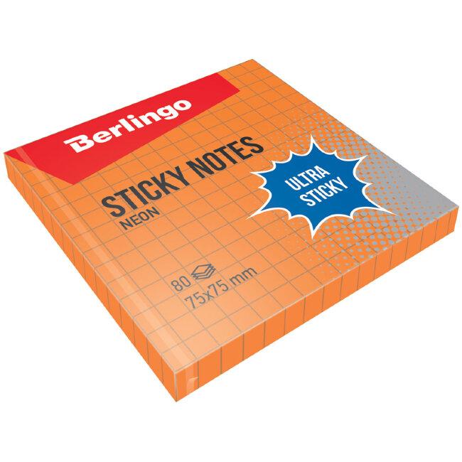 Самоклеящийся блок Berlingo "Ultra Sticky", 75*75мм, 80л, в клетку, оранжевый неон Самоклеящийся блок Berlingo "Ultra Sticky", 75*75мм, 80л, в клетку, оранжевый неон