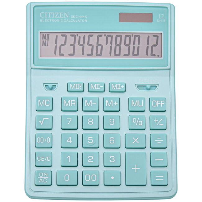 Калькулятор настольный Citizen SDC444XRGNE, 12 разрядов, двойное питание, 155*204*33мм, бирюзовый